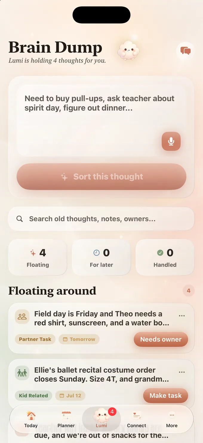 Lumi Brain Dump holding four thoughts, ready to sort