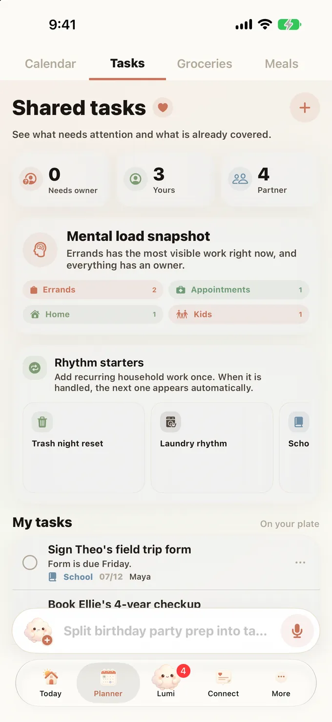 Shared tasks with owners and a mental-load snapshot