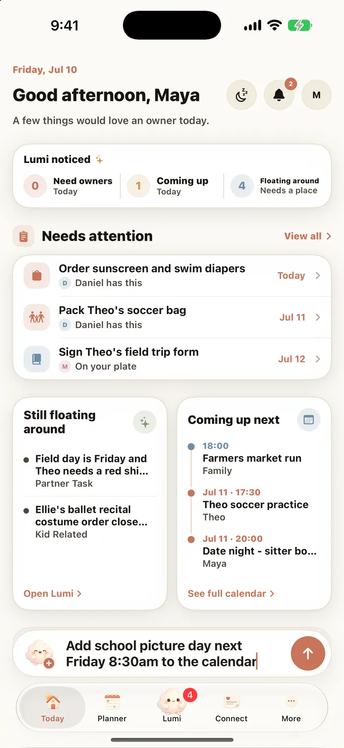Lumi Today screen showing what needs an owner